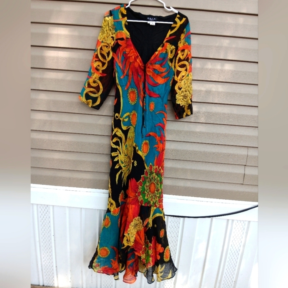 Vintage 90s Gala Collection Size L Vibrant Multicolor Maxi Dress 100%silk